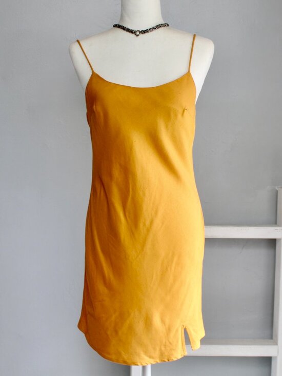 ASOS Dresses & Skirts - ASOS Mustard Yellow Linen Blend Slip Mini Spaghetti Strap Slit Dress Size 6 US